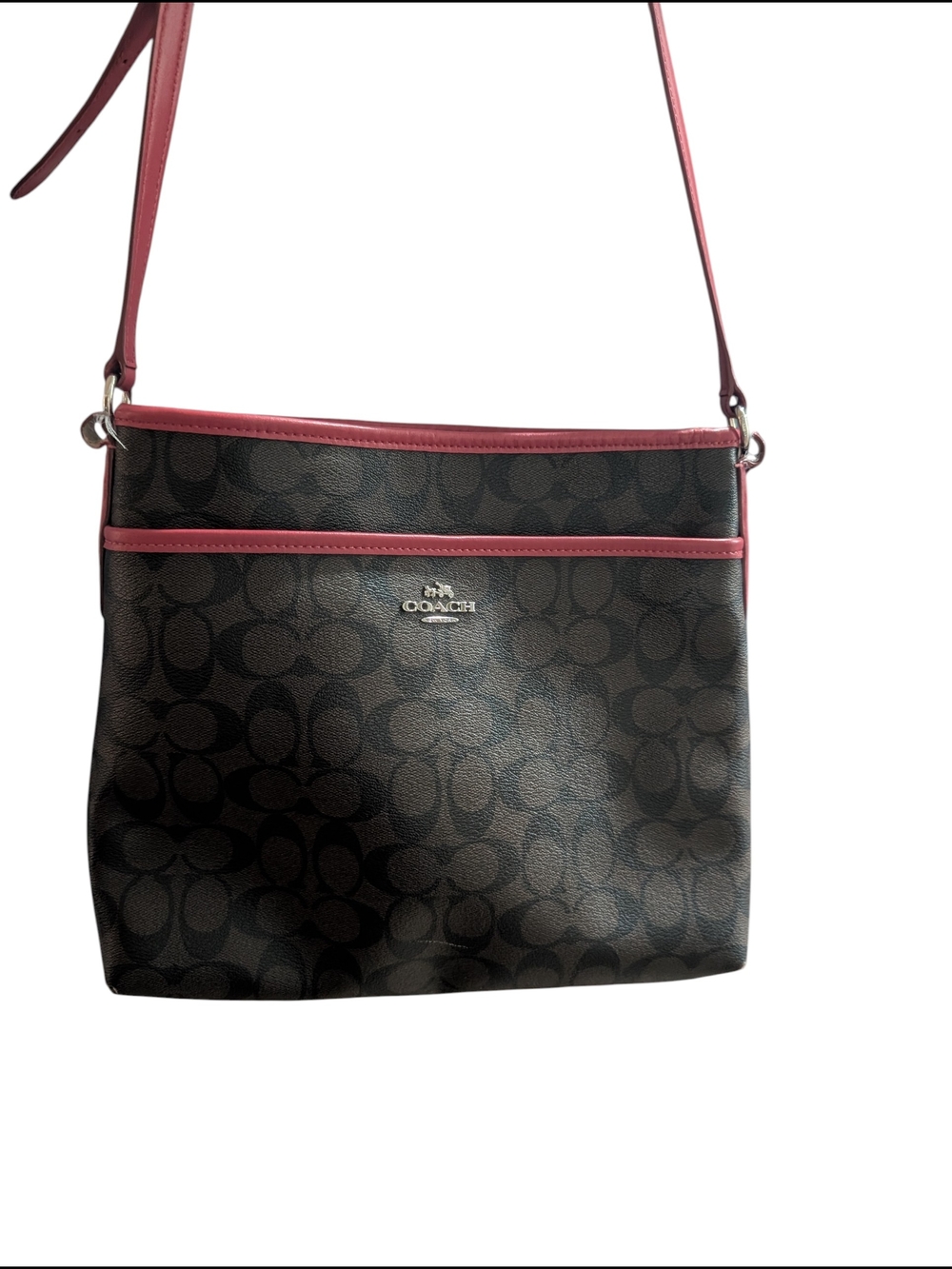 COACH Signature Crossbody Bag in Black with Pink Trim
